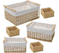 Set de 3 cestos de Cuerda de Papel con Tela de algodón Poliester Natural y Blanco 50x35x25+44x30x20+37x25x17 cm