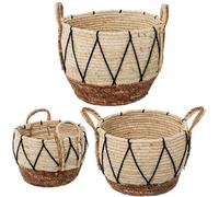 Set de 3 cestos de Hierba de mar y algodón Blanco, Natural y Negro ø32x35+ø28x22+ø23x18 cm