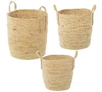 Set de 3 Cestos Redondos con Asas de Mimbre en Tonos Natural 40x42cm, 35x37cm y 30x33cm