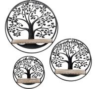 Set de 3 estanterias Redondas de Metal con arbol de Metal y Madera en Negro y Natural 39.5x30x49 cm