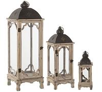 Set de 3 Faroles de Madera y Cristal de Abeto e Hierro en Marrón 14x14x35cm, 21x21x59 y 28x28x87cm