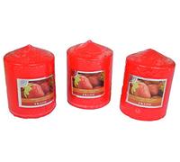 Set de 3 grandes velas votivas decorativas perfumadas, antitabaco, velas para la decoración interior de tu casa y para crear un ambiente. Perfume rojo y de fresa 7.5x10 cm. Duración 40 horas