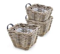 Set de 3 maceteros de ratán natural para balcón - 15 x 15 cm - Cesta de mimbre con soporte - Macetero para colgar en barandillas de balcón, jardín, macetero de flores, macetero de plantación
