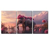 Set de 3 Marco de Madera Cuadros Decoracion Salon Modernos Flor Cuadros Decorativos, Elefante Impresiones Sobre Lienzo posters Decorativos, Dormitorio Hogar Cocina Decoracion Pared 30x45cm,-f100b