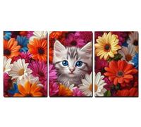Set de 3 Marco de Madera Cuadros Decoracion Salon Modernos Flor Cuadros Decorativos, Gato Impresiones Sobre Lienzo posters Decorativos, Salon Dormitorio Hogar Cocina Decoracion Pared 30x40cm,-f310b