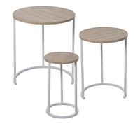 Set de 3 mesas auxiliares Redondas de Madera y Metal en Blanco y Natural 48x58cm, 38x52,5 y 28x48cm