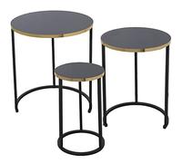 Set de 3 mesas auxiliares Redondas de Madera y Metal en Negro y Dorado 48x58cm, 38x52,5 y 28x48cm