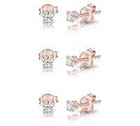 Set de 3 Pares de Pendientes Pequeños en Plata de Ley 925 Chapados Oro Rosa - Pendientes Brillante Mujer - Pack de Pendientes Mujer Plata Pequeños con Circonitas