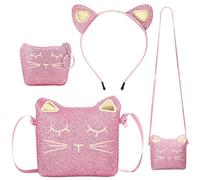 Set de 3 Piezas de Bolso de Hombro de Gato, Diadema y Monedero para Niñas, Bolso Bandolera de Gato Lindo con Mini Monedero Diadema de Orejas de Gato (Rosa Brillante)