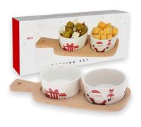 Set de 3 piezas de Navidad X-MAS de madera con 2 cuencos de porcelana blanca 25 x 10 x 5 cm