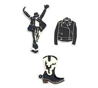 Set de 3 Pin's King of Pop, Silhouette Danante, Chaqueta de Cuero y Bota, Blanco y Negro, 2 x 2,5 cm