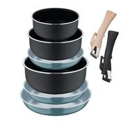 Set de 3 Sartenes Ø18Ø20Ø24cm con Mango extraíble color Verde + 3 Cazos Ø16Ø18Ø20cm con Mango extraible Negro -Aluminio prensado Click&Cook Bergner