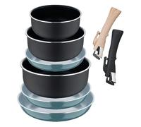 Set de 3 Sartenes Ø18Ø20Ø24cm con Mango extraíble color Verde + 3 Cazos Ø16Ø18Ø20cm con Mango extraible Negro -Aluminio prensado Click&Cook Bergner
