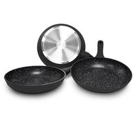 Set de 3 Sartenes de Aluminio Forjado (22, 24 y 26 cm) - Revestimiento Antiadherente Efecto Granito - Aptas para Inducción, Gas, Eléctrica y Vitrocerámica - Resistentes y Fáciles de Limpiar