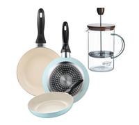 Set de 3 sartenes san ignacio ø16ø20ø24cm en aluminio prensado azul celeste+cafetera de émbolo de vidrio borosilicato 15,8x10x18,8cm