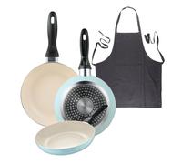 Set de 3 sartenes san ignacio ø16ø20ø24cm en aluminio prensado azul celeste+delantal de cocina gris oscuro 100% algodón 75x80cm 20 cm