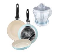 Set de 3 sartenes san ignacio ø16ø20ø24cm en aluminio prensado azul celeste+exprimidor de 40w de potencia - capacidad de 1.2 litros