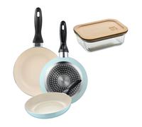 Set de 3 sartenes san ignacio ø16ø20ø24cm en aluminio prensado azul celeste+hermético de 650ml en vidrio de borosilicato