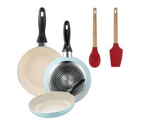 Set de 3 sartenes san ignacio ø16ø20ø24cm en aluminio prensado azul celeste+juego de 2 utensilios de cocina de silicona