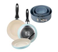 Set de 3 sartenes san ignacio ø16ø20ø24cm en aluminio prensado azul celeste+juego de 3 moldes de horno redondos ø12ø18ø22cm