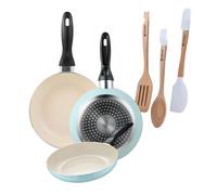 Set de 3 sartenes san ignacio ø16ø20ø24cm en aluminio prensado azul celeste+juego de 3 utensilios de cocina en silicona y madera 12 cm