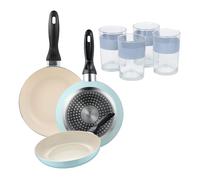 Set de 3 sartenes san ignacio ø16ø20ø24cm en aluminio prensado azul celeste+juego de 4 vasos de 0,5l