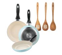 Set de 3 sartenes san ignacio ø16ø20ø24cm en aluminio prensado azul celeste+set 3pcs utensilios de cocina acacia 12 cm