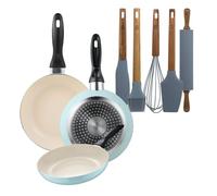 Set de 3 sartenes san ignacio ø16ø20ø24cm en aluminio prensado azul celeste+set de 5 utensilios de cocina de silicona y madera de acacia 12 cm