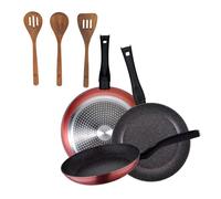 Set de 3 sartenes san ignacio aluminio forjado, aptas inducción+set 3pc utensilios cocina madera acacia 20 cm