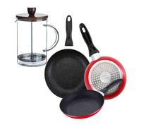 Set de 3 sartenes san ignacio con revestimiento en mármol ø16 cm ø20 cm ø24 cm+cafetera de émbolo de vidrio borosilicato 15,8x10x18,8cm 12 cm