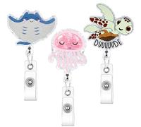 Set de 3 tarjeteros divertidos con mecanismo de rollo para enfermeros | Lindos diseños de fauna marina, cordón retráctil, clip 360°, acrílico duradero, ideal accesorio y regalo para cuidadores.