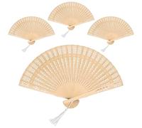 Set de 4 abanicos madera con borla blanca, diseño completamente calado, abanico beige plegable estilo natural para abanico boda, decoración y regalo de verano