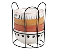 Set de 4 cuencos de cerámica multicolor y soporte de metal negro