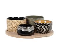 Set de 4 cuencos para aperitivos de cerámica multicolor y bandeja de bambú