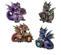 Set de 4 Dragones con Piedra de Resina Pintados a Mano 6x6x12 cm