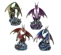 Set de 4 Dragones sobre Roca de Resina Pintados a Mano 6x6x13 cm