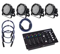 Set de 4 Focos Showlite FLP-144 con Controlador DMX y Cables, Power In/Out
