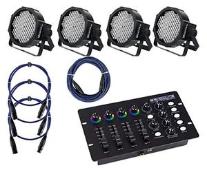 Set de 4 Focos Showlite FLP-144 con Controlador DMX y Cables, Power In/Out
