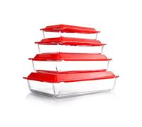 Set de 4 Fuentes de Vidrio con Tapa, 1+1.7+2.8+4.2L - Fuentes de Lasaña para Horno (NO LA TAPA), Rectángulo, Recipientes de Vidrio con Tapas de Plástico