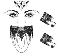 Set de 4 Joyas Collar Halloween,Gótico Collar Encaje y Piedras Preciosas para la cara y Pulseras,Accesorios Steampunk Mujer Vampiro Halloween,Vampire Cosplay Vintage Gothic Carnaval Mascaradas(Negro)