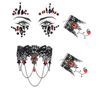 Set de 4 Joyas Collar Halloween,Gótico Collar Encaje y Piedras Preciosas para la cara y Pulseras,Accesorios Steampunk Mujer Vampiro Halloween,Vampire Cosplay Vintage Gothic Carnaval Mascaradas(Rojo)