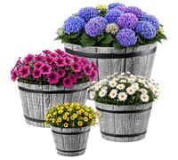 Set de 4 macetas en diseño de barril de madera KADAX, ø 23cm + 30cm + 40cm + 50cm, de plástico resistente a la intemperie, para jardín, terraza y balcón, maceta decorativa, gris claro, estanque con