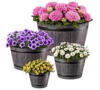 Set de 4 macetas KADAX en diseño de barril de madera, Ø 23cm + 30cm + 40cm + 50cm, de plástico resistente a la intemperie, para jardín, terraza y balcón, maceta decorativa, color marrón, estanque con
