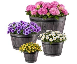 Set de 4 macetas KADAX en diseño de barril de madera, Ø 23cm + 30cm + 40cm + 50cm, de plástico resistente a la intemperie, para jardín, terraza y balcón, maceta decorativa, color marrón, estanque con