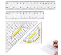 Set de 4 Piezas: Escuadra y Cartabón con Transportador de Ángulos y 2 Reglas Transparentes (15/16/20/22cm), Kit de Geometría para Dibujo Técnico, Matemáticas y Material Escolar