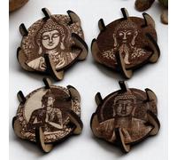 Set de 4 Portavelas de Madera con Grabado de Buda | Soportes para Velas de Té | Decoración Zen y Espiritual para Meditación, Yoga, Hogar o Relax | Diseño Rústico y Zen