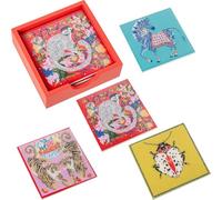 Set de 4 Posavasos con Soporte de Madera en Azul, Amarillo, Rosa y Rojo 12x12x4 cm