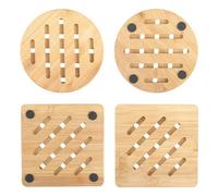 Set de 4 Salvamanteles Cocina de Bambú Resistente al Calor 15x15 cm, Soportes Posavasos Antideslizantes, Diseño Ecológico, Ideal para Ollas Calientes, Teteras, Platos 2 Redondos y 2 Cuadrados