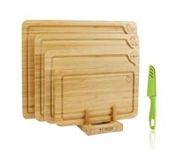 Set de 4 Tablas de Cortar de Bambú, con Soporte y Símbolos de Alimentos, Ideal para Carne, Verduras, Frutas y Queso