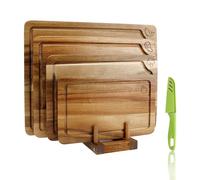 Set de 4 Tablas de Cortar, Tablas de Cortar de Madera de acacia, con Soporte y Símbolos de Alimentos, Ideal para Carne, Verduras, Frutas y Queso
